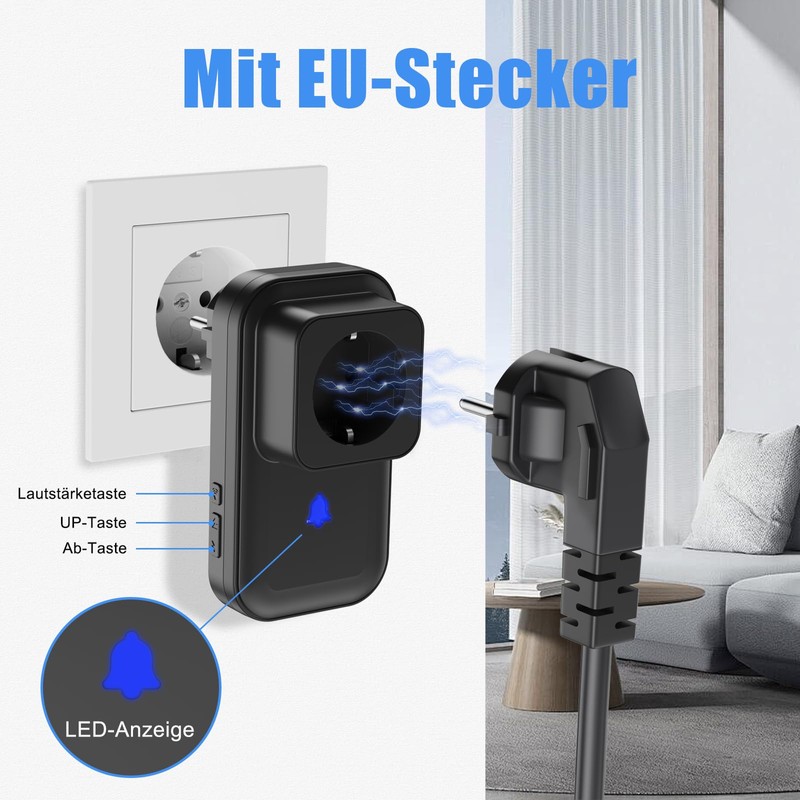 Wireless Bell Set, Wireless Doorbell with EU Socket, IP55 Wireless