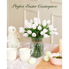 MACTING 30PCS Artificial Tulip Flowers - 13.7" Real Touch Fake PU Tulips Bouquet Faux Spring Flowers for Floral Arrangements Table Centerpiece Kitchen Home Mothers Day Easter Decorations (White)