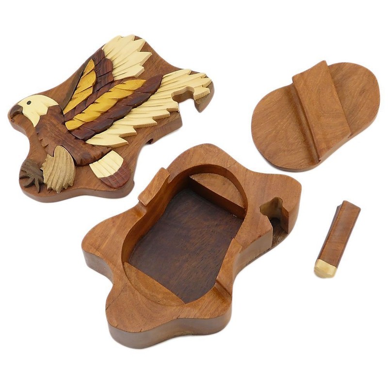 Flying Eagle - Natural Wood Intarsia Puzzle Box - Handcrafted