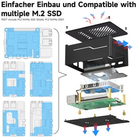 Miuzei Metal Acrylic + Case for Raspberry Pi 5 Support PCIe M.2 NVMe Hat SSD Top Mount X1001 / X1003 / X1000 All SSD Expansion Board at The Top, Case for Raspberry Pi 5 8GB 4GB Active Cooler Black