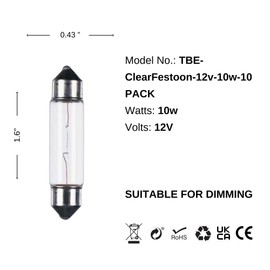 TBE Lighting Replacement Festoon Bulbs, PACK OF 10 Xenon lights for Undercabinets & Car Interior Lighting. Clear glass finish, Warm White colour- 12v / 10w / Dimmable 11mm x 41mm Energy efficient Bulb