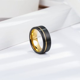 King Will 8mm Black Mens Tungsten Wedding Rings Gold Groove Brushed Surface Gold Plated Inner Wedding Band Gold Pipe Cut Edge Comfort Fit V 1/2 (11)