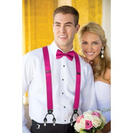 HISDERN Men's Braces 3.5 cm with 6 Extra Strong Clips in Y-Shape Elastic Length Adjustable 130 cm Bow Tie and Braces Set of 3 for Men, fuchsia