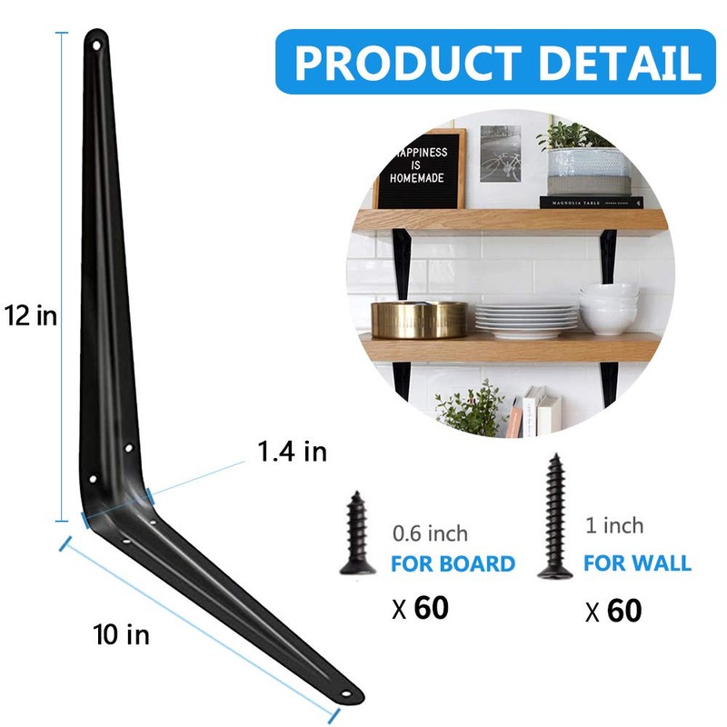20 Pack Shelf Brackets 12 inches, Heavy Duty Black Iron