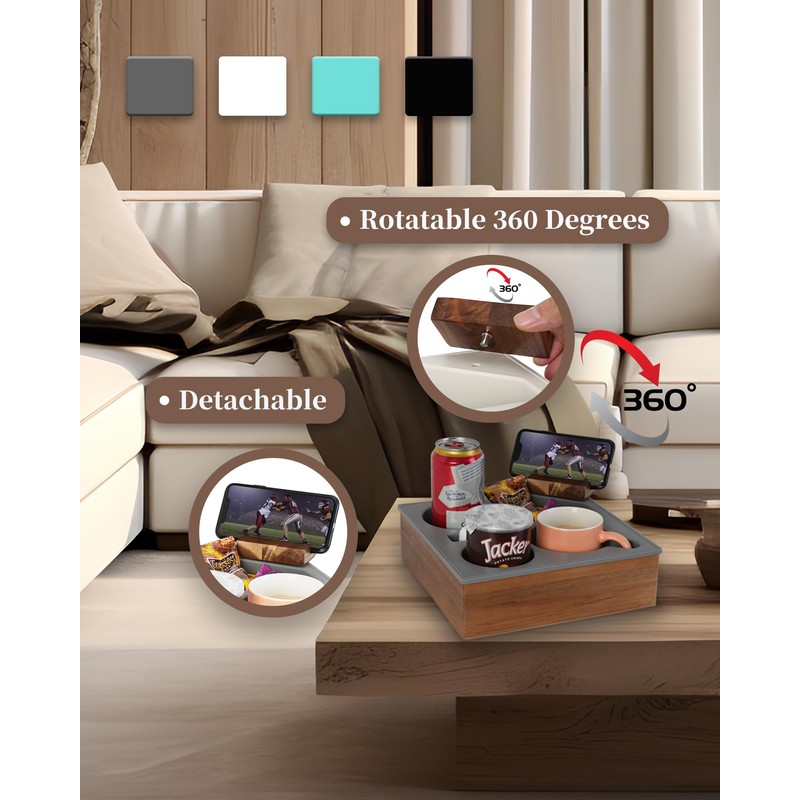 Hitseon Couch Cup Holder Tray, Handy Soft Silicone Acacia Wooden
