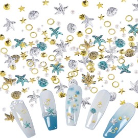 OKKRMGZ 200Pcs Starfish Nail Charms Gold Blue Resin Shell Studs for Summer Nails Tropical Sea Shells Gems Nail Art Decorations Beachy Star Fish for Women Beach Manicure DIY Craft and Jewelry