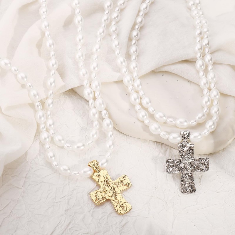 Baroque Pearl Beaded Cross Necklace Gold Y2K Chunky Cross Pendant