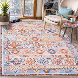 ROYHOME 8x10 Large Living Room Area Rug Boho Rug Bohemian Tribal Rug Washable Area Rug Non-Slip Moroccan Area Rug Geometric Area Rug Modern Floor Carpet for Bedroom Kitchen Home Office, Blue/Multi