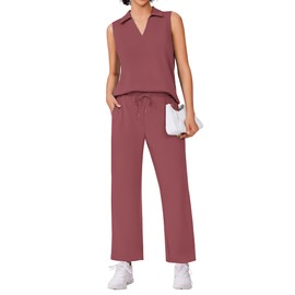 PINSPARK Women's 2 Piece Sets Outfits Sleeveless V Neck Tops 2025 Tracksuit,Fuchsia X-Large