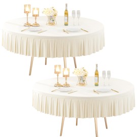 2 Pack Ivory Spandex Round Tablecloths 60 inch, Stretchy Fitted 5FT Table Cloths Wrinkle Free Round Table Covers with Skirt for Wedding Banquet Birthday Party Buffet Restaurant