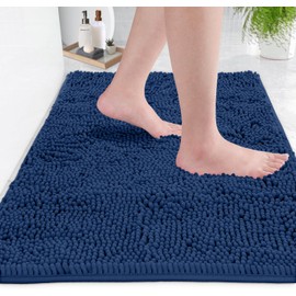LuxUrux Bath Mat-Extra-Soft Plush Bath Shower Bathroom Rug, 1'' Chenille Microfiber Material, Super Absorbent Shaggy Bath Rug (Blue, 42 x 60 cm)