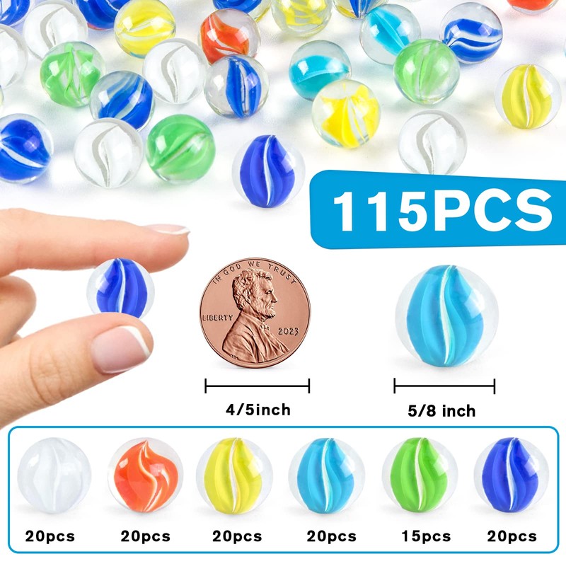 POPLAY Marbles for Kids, 115PCS Cat Eye Glass Marble, Mixed