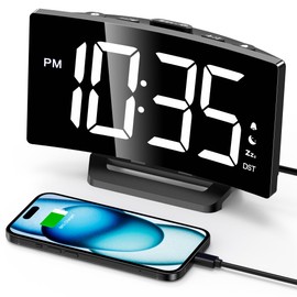 GOLOZA Digital Alarm Clock for Bedroom, Digital Clock with Modern Curved Design, Conspicuous White LED Numbers, 5 Levels Brightness+Off, 2 Volume, 3 Alarm Tones, Snooze,Power-Off Memory,12/24H
