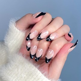 Pikabows Press On Nails Long Almond Nude Pearl Black French Fake Nails Acrylic False Nail Tips Kit Glue on Nails for Women