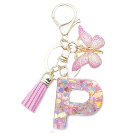 Xsclpomddy Girls Alphabet Letter Key Ring Cute Key Ring Glitter with Butterfly Tassels Resin Pink Keychain for Bag Charm, p