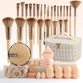 Juego de Brochas de Maquillaje Profesional, 25 Piezas con Esponjas, Limpiador y Bolsa de Almacenamiento, para Base, Rubor, Corrector y Sombra de Ojos (Blanco)