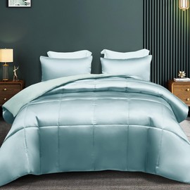 Whale Flotilla 3-Piece Reversible Silky Soft Queen Comforter Bedding Set, Luxurious Satin Comforters Full Size with 2 Satin Pillowcases, Lightweight Duvet for All Seasons, Haze Blue