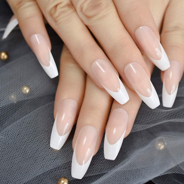 EDA LUXURY BEAUTY Natural Nude Pink White French Luxe Design Press On Nails Full Cover Acrylic Nail Kit Glue On False Nails Extreme Long Ballerina Coffin Square Nail Art Tips Fashion Fake Nails Set