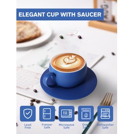 BEOZINZ Ceramic Coffee Cup with Saucer 8.8 Oz Cafe Cup for Latte,Cappuccino,Espresso,Mocha,Coffee,Tea Cup Set,Blue