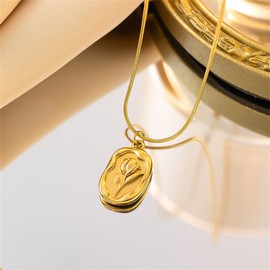 QLUYCKW Tulip Necklace for Women Vintage Lacquer Print Gold Embossed Oval Flower Necklace Christmas Valentine Birth Month Chain Adjustable Jewelry Gifts (Gold)