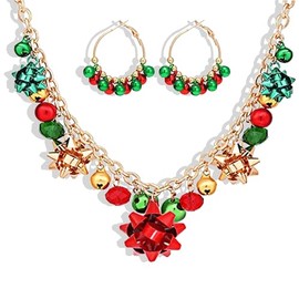 Harry and Henry Christmas Necklace Earrings Set Xmas Jingle Bell Necklace Bow Pendant Necklace Christmas Bell Earrings for Women Christmas Jewelry Accessories Gifts（Set A）