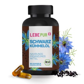 Lebepur Bio Schwarzkümmelöl Kapseln, 60 hochdosierte Kapseln mit 1500 mg Schwarzkümmelöl pro Tagesdosis, vegan, 100% Bio-Schwarzkümmelöl, schonend kaltgepresst, laborgeprüft, ohne Zusätze