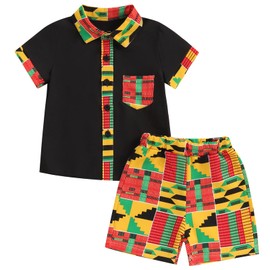 Mubineo Toddler Baby Boy Summer African Print Kente Dashiki Clothes Outfits T Shirts Shorts Sets (Black Yellow, 12-18 Months)