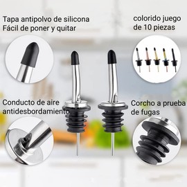 Vertedores de licor de metal, paquete de 10, accesorios de barra con tapas antipolvo de goma, con 2 cepillos, aptos para la mayoría de las botellas