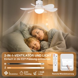 Laybasic Deckenventilator mit Beleuchtung und Fernbedienung, Klein LED Dimmbare Deckenleuchte mit Ventilator, E27 Sockel Ventilatorlicht, Timer, 3 Windstufen, für Schlafzimmer