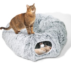 MODAELITE Cat Donut Bed with Washable Cushion – Cat Caves for Indoor Cats – Collapsible Donut Bed with Peekaboo Pet Tunnel & Tunnel Toy – Cozy Hideout for Kittens, Ferrets, Rabbits & Dogs – Grey