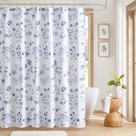 Martha Stewart Martha's Garden Shower Curtain Botanical Floral Print Cotton Shower Curtain for Bathroom, Spa Quality Modern Shower Curtains Standard Size, 72x72 Blue