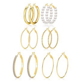 Gold Hoop Earrings for Women, 6 Pairs Lightweight Hypoallergenic Large Pearl Hoop Earring Set for Jewelry 40mm/50mm
