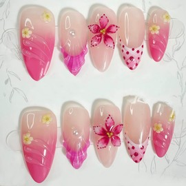 30Pcs Flower Press on Nails Long Almond Fake Nails Summer Flower Pattern Pink False Nails Gradient Design with Flowers Pearl Nail Rhinestones Acrylic Stick on Nail DIY Manicure Decoration for Women