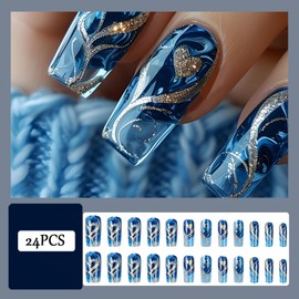 24pcs Medium Square False Nails - Stick on Nails with Gold Line and Heart - Blue Color Press On Nails - Removable Glue On - Acrylic Full Cover Artificial Stick On Nail for Women & Girls
