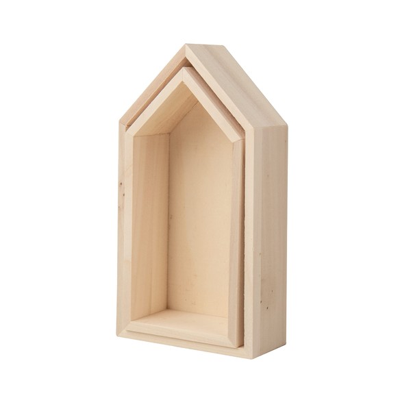 Wooden Houses with Rayher Frame, FSC Certified, Set of 2, 17 x 9 x 4 cm + 15 x 7 x 4 cm, Wooden Frame, Beige, 62695000