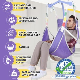 EZ Assistive Universal Full Body Transfer Lift Sling with Commode Opening for Patient Lifts and Toileting, Solid Mesh Shower Sling (Purple-New, Medium)