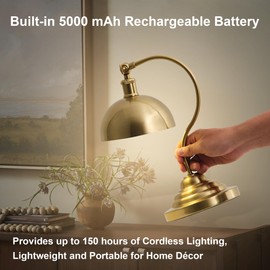 KARTOOSH Cordless LED Table Lamp, 180° Swing Arm Desk Lamp, Rechargeable, Dimmable/3 Color/Memory Function, Vintage Rechargeable Table Light for Living Room,Bedroom,Bedside, Brass