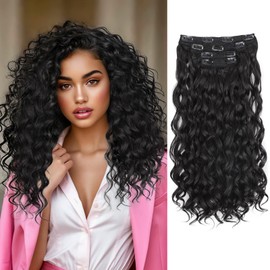 18 Inch Curly Wavy Clip in Hair Extensions 4PCS,QGZ Heat-Stylable Synthetic Lace Weft Extensions for Women, Black for Daily & Party Wear