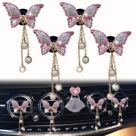 Pink Butterfly Air Vent Clips, 4 Pcs Bling Butterfly Air Fresheners Vents Clips Diamond Car Interior Decor Bling Cute Car Accessories Decoration for Women+ Heart Mask Hook