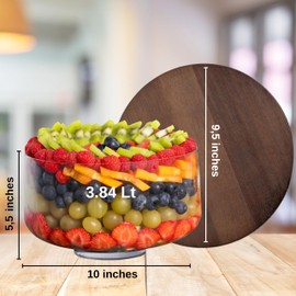 Elomere Large Trifle Bowl with Lid (130oz) - Silver Serving Spoon & Acacia Wood Lid - Trifle Bowl Glass, Glass Salad Dish, With Pedestal - Truffle Dish for Layered Desserts, Fruits, Salads, Punch