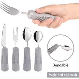 Special Supplies Adaptive Utensils (4-Piece Kitchen Set) Weighted, Non-Slip Handles for Hand Tremors, Arthritis, Parkinson’s Elderly use - Stainless Steel Knife, Fork, Spoons (Gray Weighted Bendable)