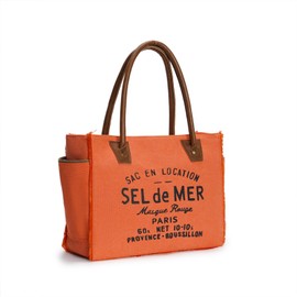 Lamyba Sel De Mer Canvas HandBag Upcycled Canvas Leather Tote Bag,Small Orange