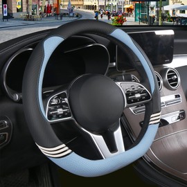 Binsheo Cute Steering Wheel Cover D Shape for Women Men Breathable Universal 15 inch,Black and Blue