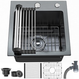 YITAHOME Black Drop In Kitchen Small Sink 15in Topmount Stainless Steel Nano Gunmetal Black Sink w/Protector Accessories, Single Bowl for Workstation, Bar 15 x 15 x 10 Inch