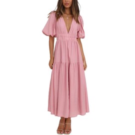 HOULENGS Women's Deep V Neck Puff Short Sleeve Tiered Dress Elastic High Waist Flowy A-line Midi Dress Pink Medium