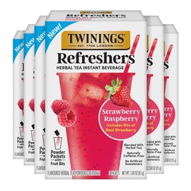 NEW Twinings Strawberry Raspberry Refreshers, Herbal Tea Instant Beverage, Real Strawberry Fruit Bits, 5 Count (Pack of 6), Café Style, No Artificial Sweeteners, Naturally Caffeine-Free, 30 Packets