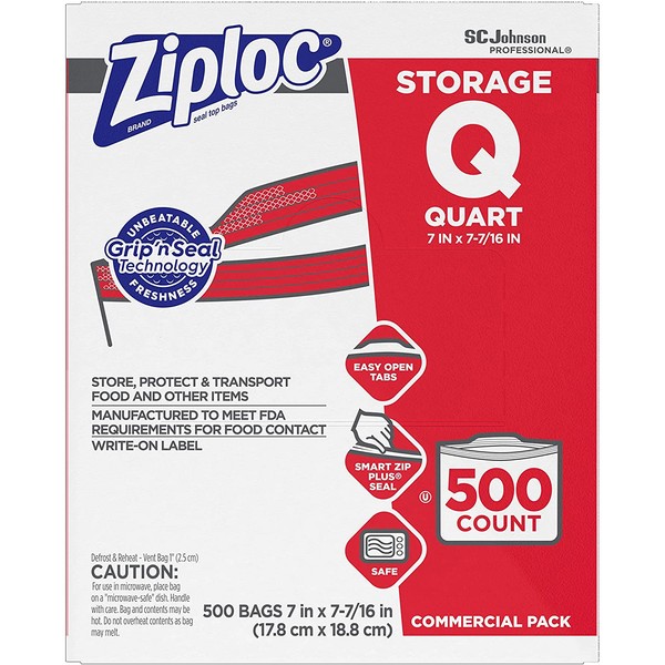 SC Johnson Professional Ziploc Quart Food Storage Bags, Grip 'n Seal Technology for Easier Grip, Open, and Close, 500 Count