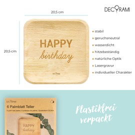DECORAMI - celebrate happy times Palm Leaf Happy Birthday Plates, Pack of 6, 20.5 x 20.5 cm, Brown, Environmentally Friendly Disposable Tableware for Birthday and Party, Biodegradable