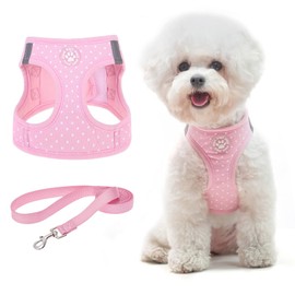 BINGPET Vest Harness for Puppy and Cat, No Pull Adjustable Reflective Step-in Puppy Harness Cute Pink Polka Dot Soft Dog Harness for Small and Medium Dogs