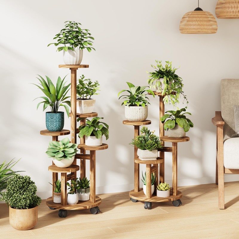 Uneedem 5 Tier Plant Stand Indoor with Wheels, Wood Tall